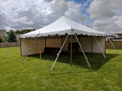 Graduation Party in Backyard - 20' x 20' Tent, Wood Chairs, Rectangular Tables, Solid Sidewalls.