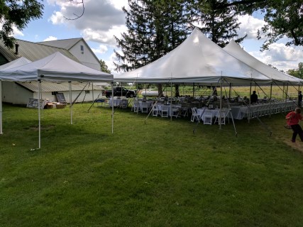 10'x 10' Frame Tents, 40' x 60' Pole Tent, White Padded Chairs, Round Tables, Linens.