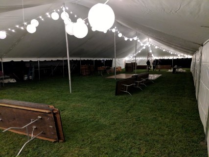 Backyard Countryside Wedding and Reception - 40' x 100' Tent, Wooden Chairs, Rectangular Tables, Custom Lighting, Solid Sidewalls, Dance Floor (In Front of Head Table).