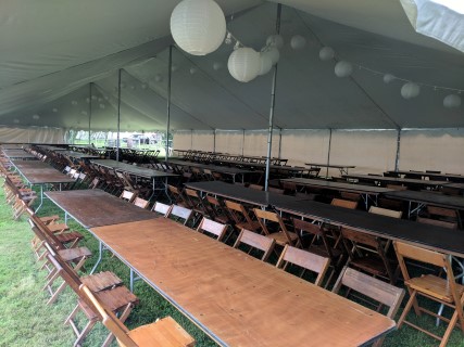 40' x 100' Pole Tent, Wooden Chairs, 8' Banquet Tables, Tent Lights, Solid Side Panels.