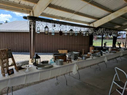 Rustic Pavilion Wedding Reception Dessert Table - Rectangular Tables, Linens.